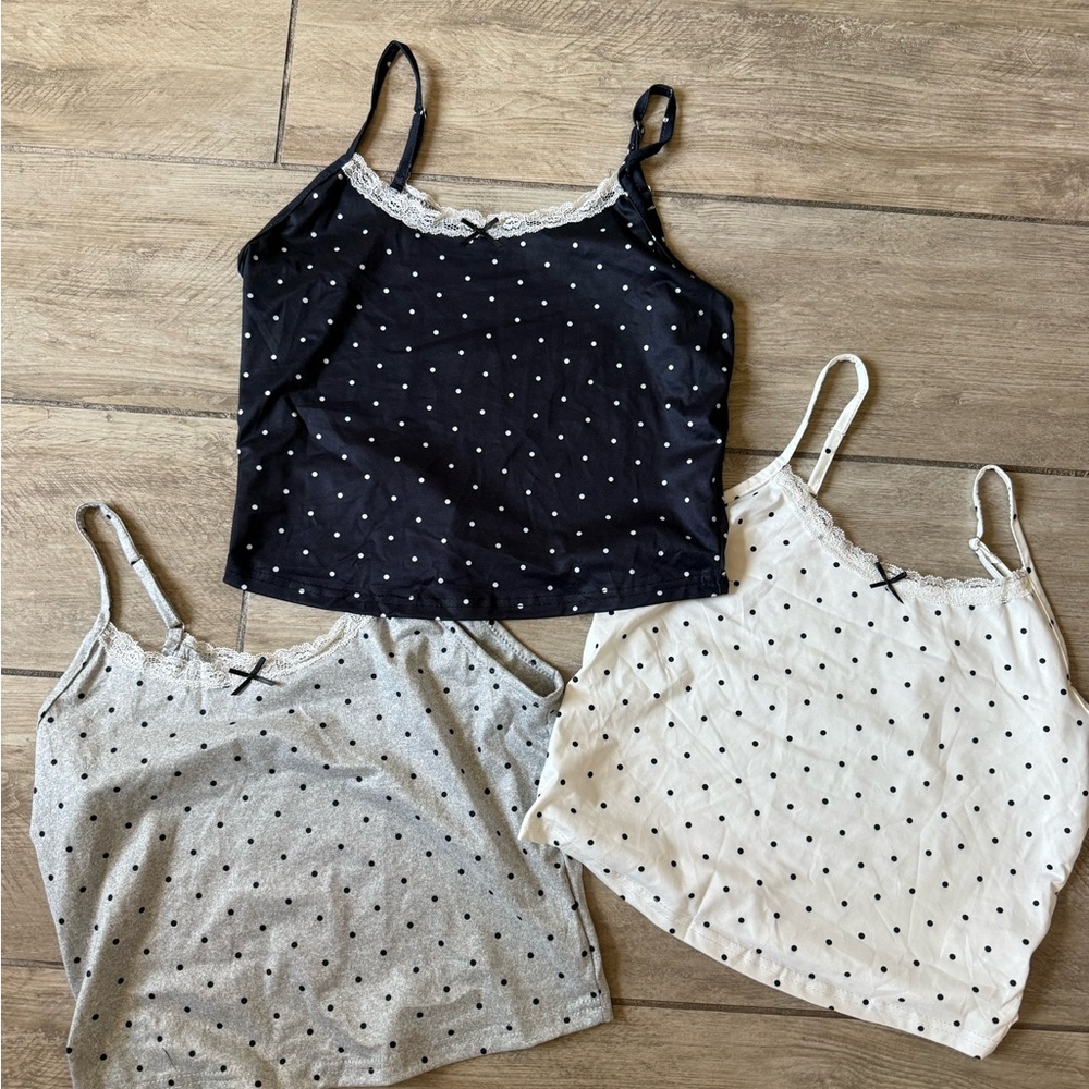 Polka Dot Lace Trim Cami Tank Trio - Black, White, Gray